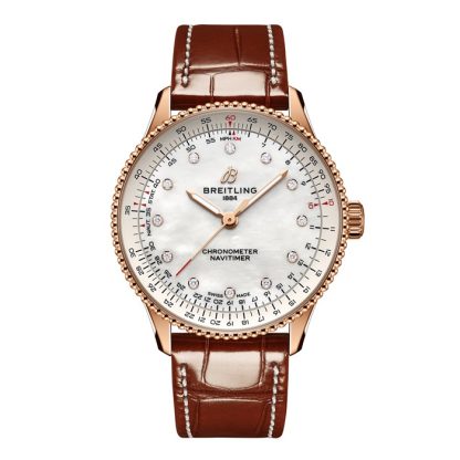 Breitling Navitimer 36mm Ladies Watch White Mother Of Pearl Alligator 18k Red Gold R17327211A1P1