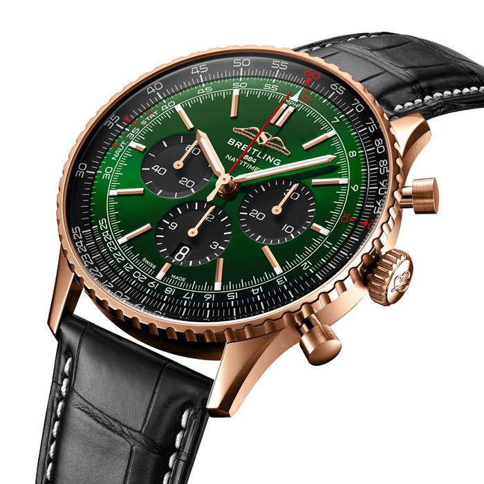 Breitling Navitimer Chronograph 18ct Rose Gold 46mm Mens Watch Green Alligator RB0137241L1P1 - Image 2