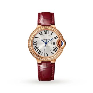 Cartier Ballon Bleu De Watch 33mm Rose Gold Diamonds Leather WJBB0033