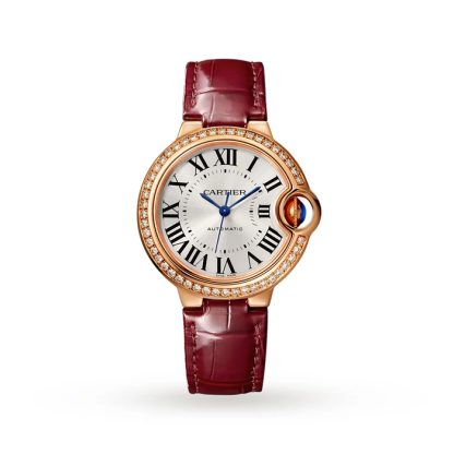 Cartier Ballon Bleu De Watch 33mm Rose Gold Diamonds Leather WJBB0033