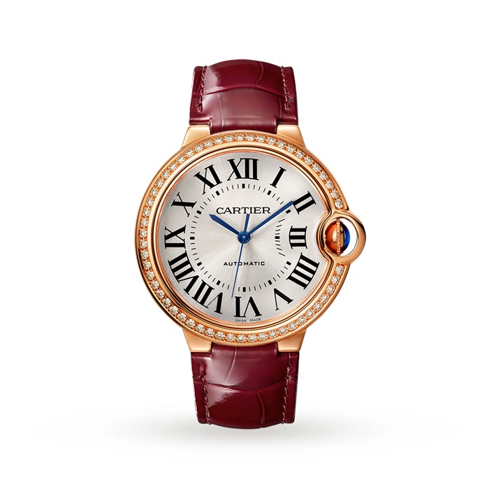 Cartier Ballon Bleu De Watch 36mm Rose Gold Diamonds Leather WJBB0034