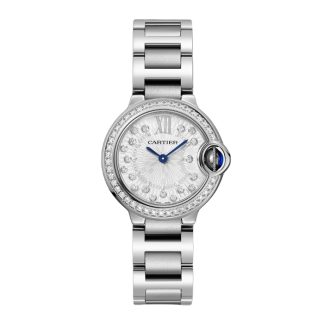 Cartier Ballon Bleu de Cartier watch 28 mm quartz movement Steel case fluted steel crown set with a synthetic cabochon-shaped spinel W4BB0034
