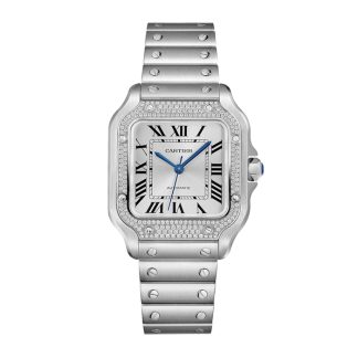 Cartier Santos De Cartier Watch Medium Model Automatic Steel Diamonds Interchangeable Metal And Leather Bracelets W4SA0005
