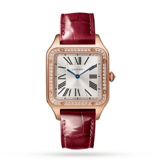 Cartier Santos-Dumont Watch Large Model Rose Gold Diamonds Leather Strap WJSA0016