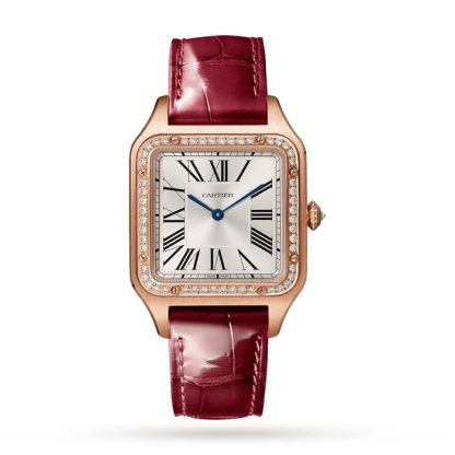 Cartier Santos-Dumont Watch Large Model Rose Gold Diamonds Leather Strap WJSA0016