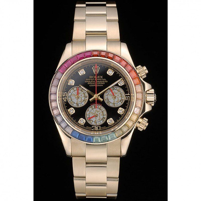 Replica Rolex Daytona Cosmograph Rainbow Crystals Bezel Rose Gold Strap Black Dial 80251 - Image 2