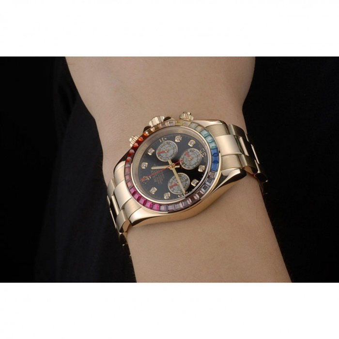 Replica Rolex Daytona Cosmograph Rainbow Crystals Bezel Rose Gold Strap Black Dial 80251 - Image 11