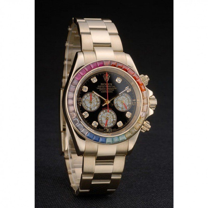 Replica Rolex Daytona Cosmograph Rainbow Crystals Bezel Rose Gold Strap Black Dial 80251 - Image 3