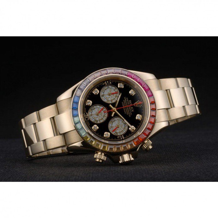Replica Rolex Daytona Cosmograph Rainbow Crystals Bezel Rose Gold Strap Black Dial 80251 - Image 4