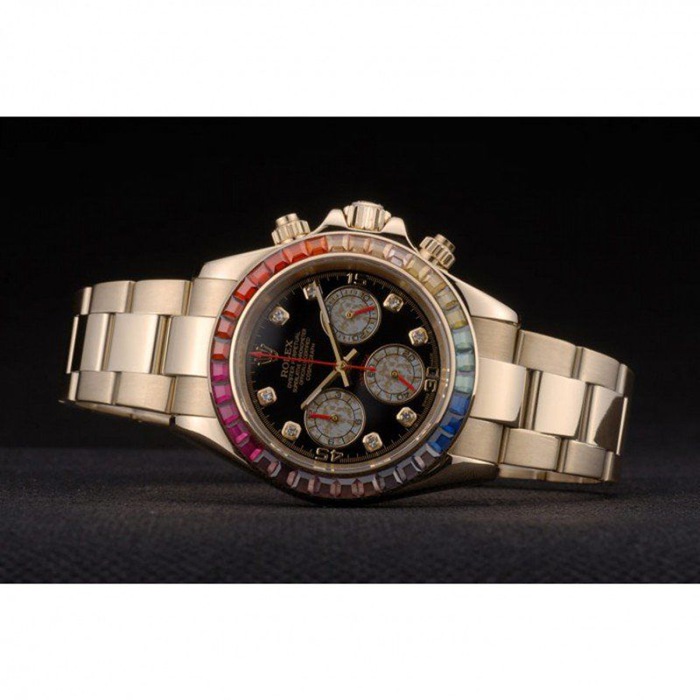 Replica Rolex Daytona Cosmograph Rainbow Crystals Bezel Rose Gold Strap Black Dial 80251 - Image 5