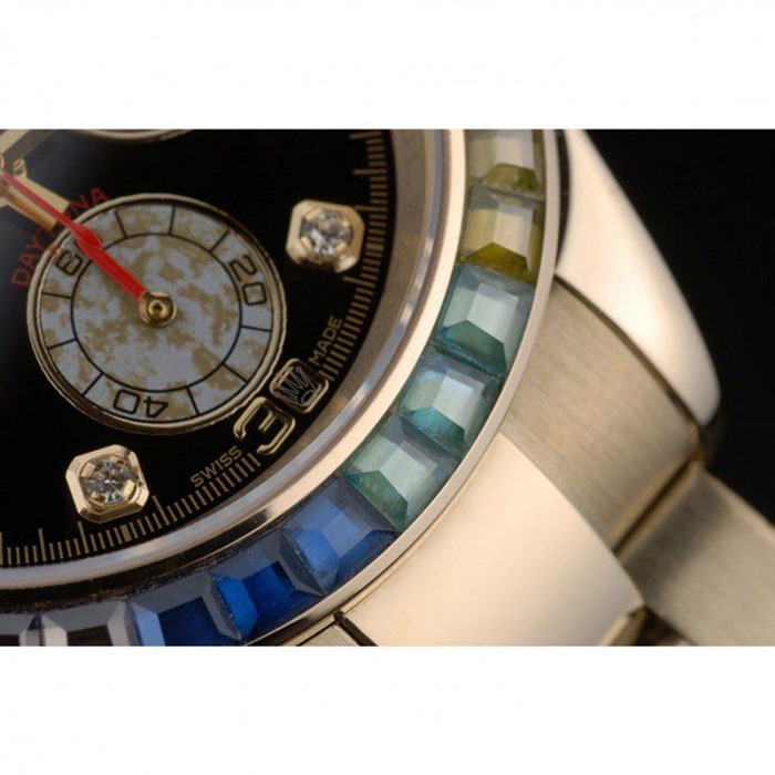 Replica Rolex Daytona Cosmograph Rainbow Crystals Bezel Rose Gold Strap Black Dial 80251 - Image 10