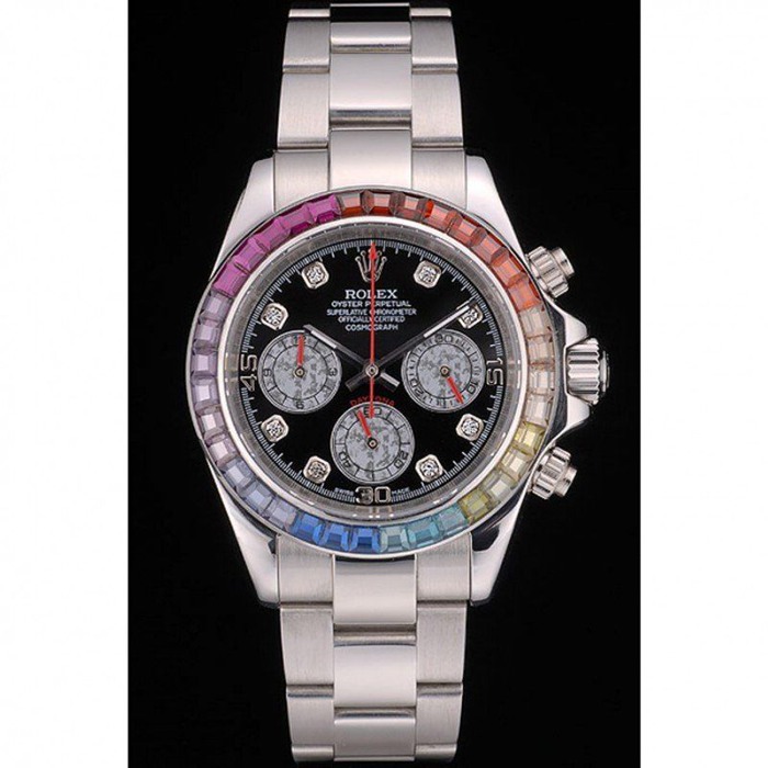 Replica Rolex Daytona Cosmograph Rainbow Crystals Bezel Stainless Steep Strap Black Dial 80250 - Image 2