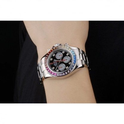 Replica Rolex Daytona Cosmograph Rainbow Crystals Bezel Stainless Steep Strap Black Dial 80250 - Image 11