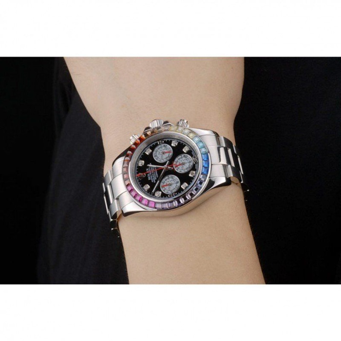 Replica Rolex Daytona Cosmograph Rainbow Crystals Bezel Stainless Steep Strap Black Dial 80250 - Image 11