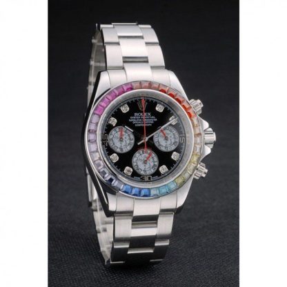 Replica Rolex Daytona Cosmograph Rainbow Crystals Bezel Stainless Steep Strap Black Dial 80250 - Image 3