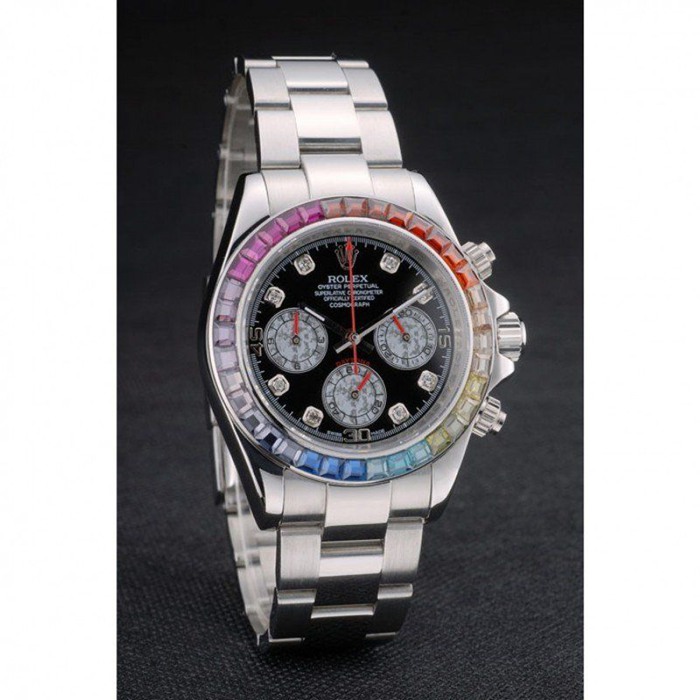 Replica Rolex Daytona Cosmograph Rainbow Crystals Bezel Stainless Steep Strap Black Dial 80250 - Image 3
