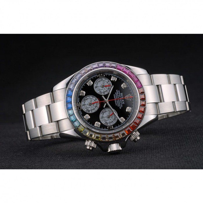 Replica Rolex Daytona Cosmograph Rainbow Crystals Bezel Stainless Steep Strap Black Dial 80250 - Image 4