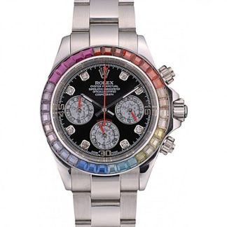 Replica Rolex Daytona Cosmograph Rainbow Crystals Bezel Stainless Steep Strap Black Dial 80250
