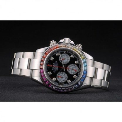 Replica Rolex Daytona Cosmograph Rainbow Crystals Bezel Stainless Steep Strap Black Dial 80250 - Image 5