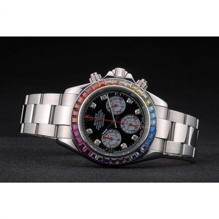 Replica Rolex Daytona Cosmograph Rainbow Crystals Bezel Stainless Steep Strap Black Dial 80250 - Image 5