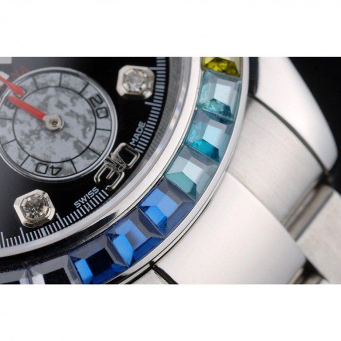Replica Rolex Daytona Cosmograph Rainbow Crystals Bezel Stainless Steep Strap Black Dial 80250 - Image 10