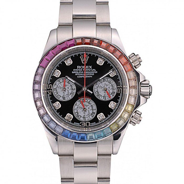 Replica Rolex Daytona Cosmograph Rainbow Crystals Bezel Stainless Steep Strap Black Dial 80250