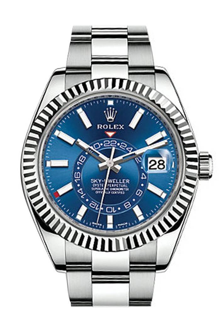 Replica Rolex Sky Dweller Blue Dial White Gold Bezel Steel Oyster 326934 NP