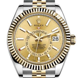 Replica Rolex Sky Dweller Champagne Dial Yellow Gold Bezel Two Tone Jubilee 326933