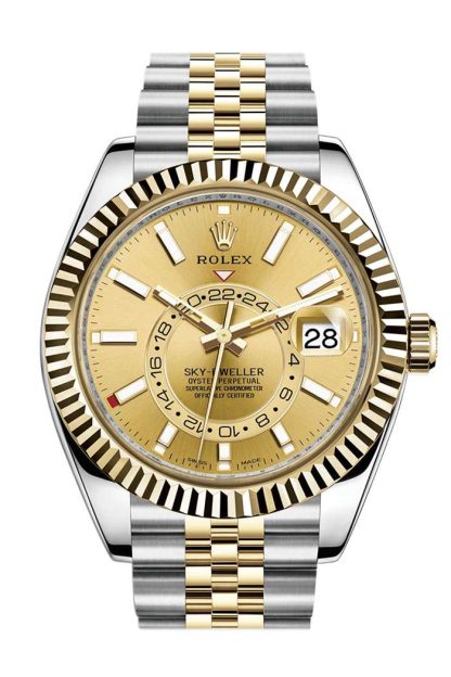 Replica Rolex Sky Dweller Champagne Dial Yellow Gold Bezel Two Tone Jubilee 326933