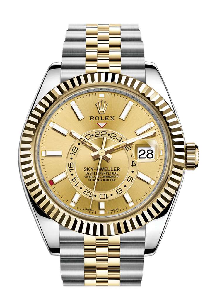 Replica Rolex Sky Dweller Champagne Dial Yellow Gold Bezel Two Tone Jubilee 326933